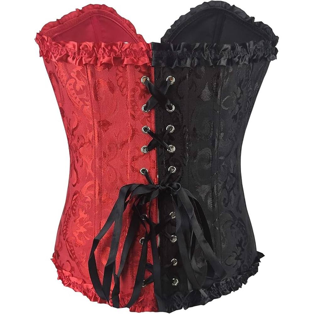 Zac's Alter Ego - Half & Half Black & Red Classic Floral Print Bustier Overbust korset - Zwart/Rood
